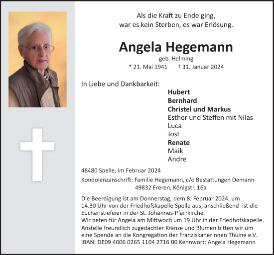 Traueranzeige von Angela Hegemann von Neue Osnabrücker Zeitung GmbH & Co. KG