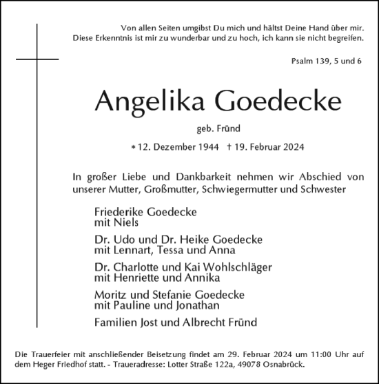 Traueranzeige von Angelika Goedecke von Neue Osnabrücker Zeitung GmbH & Co. KG