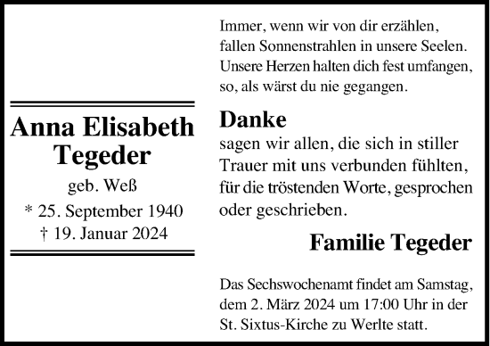 Traueranzeige von Anna Elisabeth Tegeder von Neue Osnabrücker Zeitung GmbH & Co. KG