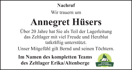 Traueranzeige von Annegret Hüsers von Neue Osnabrücker Zeitung GmbH & Co. KG