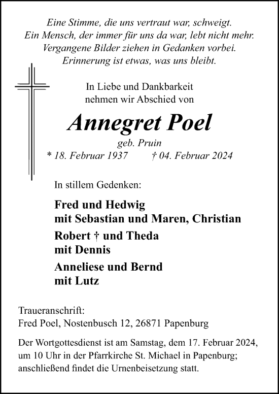 Traueranzeige von Annegret Poel von Neue Osnabrücker Zeitung GmbH & Co. KG