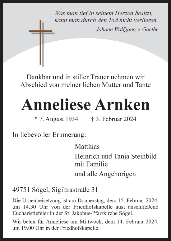 Traueranzeige von Anneliese Arnken von Neue Osnabrücker Zeitung GmbH & Co. KG