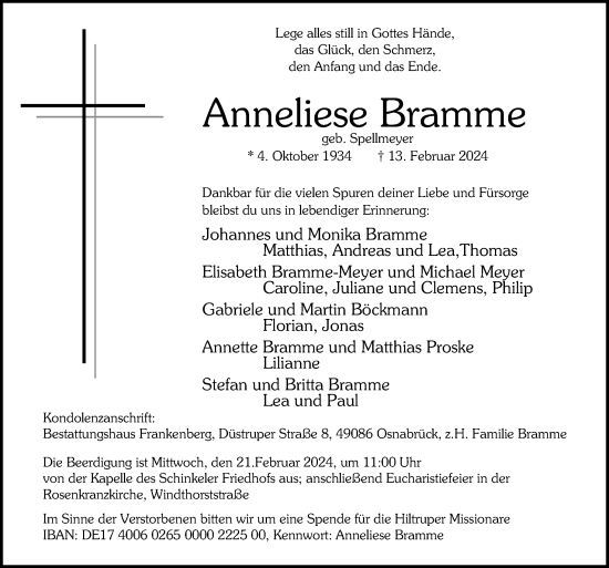 Traueranzeige von Anneliese Bramme von Neue Osnabrücker Zeitung GmbH & Co. KG