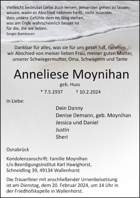 Traueranzeige von Anneliese Moynihan von Neue Osnabrücker Zeitung GmbH & Co. KG