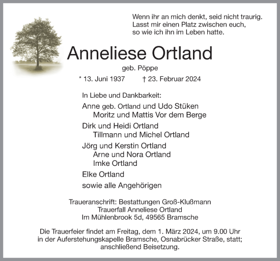 Traueranzeige von Anneliese Ortland von Neue Osnabrücker Zeitung GmbH & Co. KG