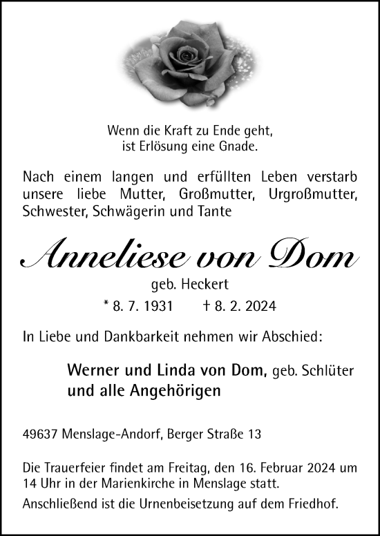 Traueranzeige von Anneliese von Dom von Neue Osnabrücker Zeitung GmbH & Co. KG