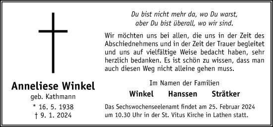 Traueranzeige von Anneliese Winkel von Neue Osnabrücker Zeitung GmbH & Co. KG