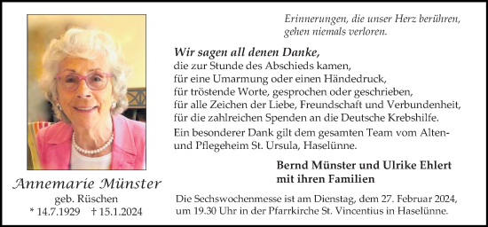 Traueranzeige von Annemarie Münster von Neue Osnabrücker Zeitung GmbH & Co. KG