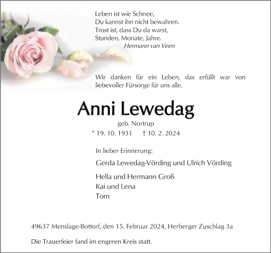 Traueranzeige von Anni Lewedag von Neue Osnabrücker Zeitung GmbH & Co. KG