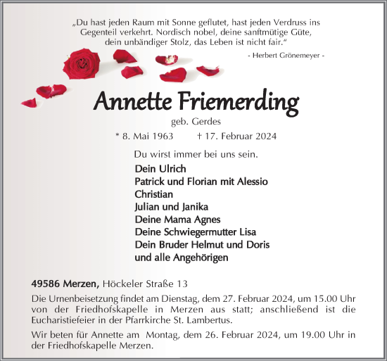 Traueranzeige von Annnette Friemerding von Neue Osnabrücker Zeitung GmbH & Co. KG