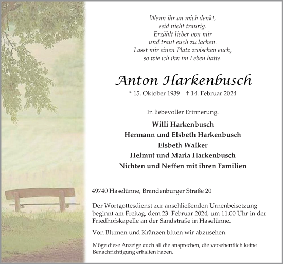 Traueranzeige von Anton Harkenbusch von Neue Osnabrücker Zeitung GmbH & Co. KG