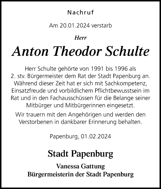 Traueranzeige von Anton Theodor Schulte von Neue Osnabrücker Zeitung GmbH & Co. KG