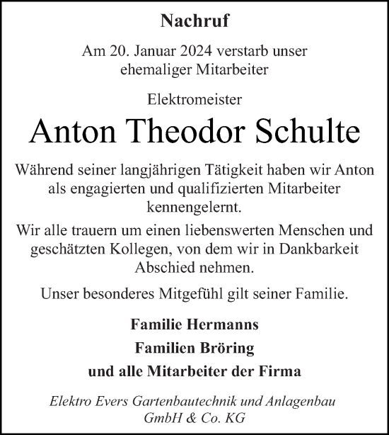 Traueranzeige von Anton Theodor Schulte von Neue Osnabrücker Zeitung GmbH & Co. KG