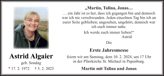 Traueranzeige von Astrid Algaier von Neue Osnabrücker Zeitung GmbH & Co. KG