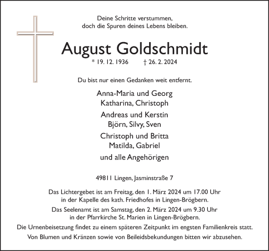 Traueranzeige von August Goldschmidt von Neue Osnabrücker Zeitung GmbH & Co. KG