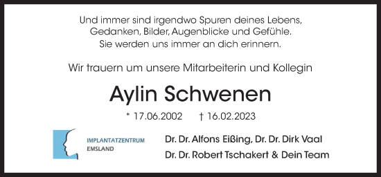 Traueranzeige von Aylin Schwenen von Neue Osnabrücker Zeitung GmbH & Co. KG