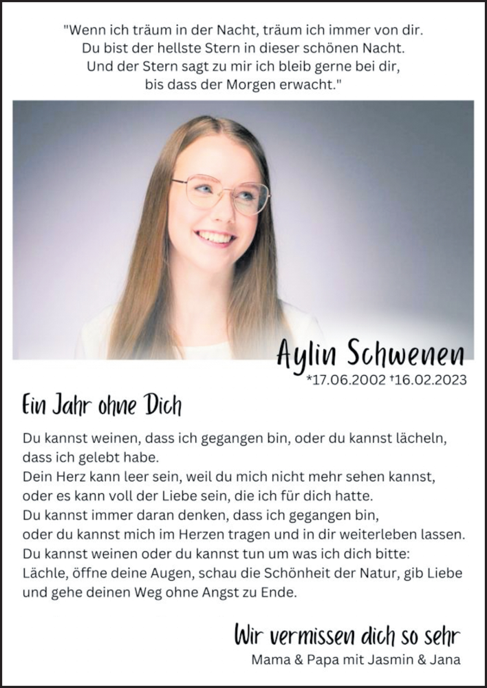  Traueranzeige für Aylin Schwenen vom 16.02.2024 aus Neue Osnabrücker Zeitung GmbH & Co. KG