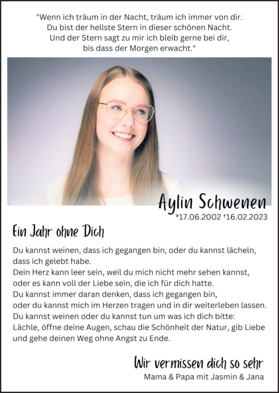 Traueranzeige von Aylin Schwenen von Neue Osnabrücker Zeitung GmbH & Co. KG