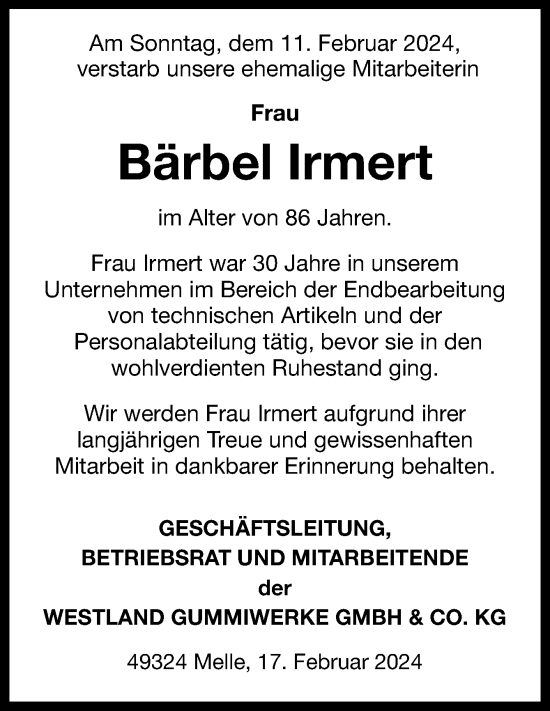 Traueranzeige von Bärbel Irmert von Neue Osnabrücker Zeitung GmbH & Co. KG