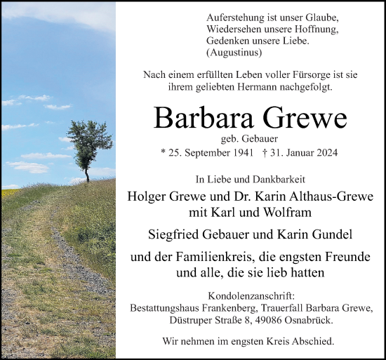 Traueranzeige von Barbara Grewe von Neue Osnabrücker Zeitung GmbH & Co. KG
