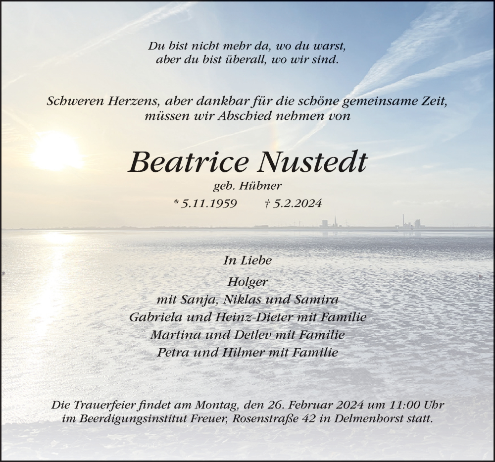 Traueranzeige für Beatrice Nustedt vom 17.02.2024 aus DK Medien GmbH & Co. KG