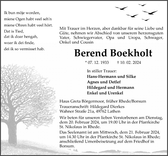 Traueranzeige von Berend Boekholt von Neue Osnabrücker Zeitung GmbH & Co. KG