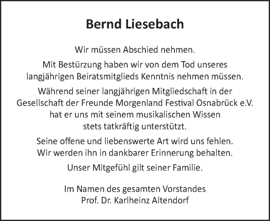 Traueranzeige von Bernd Liesebach von Neue Osnabrücker Zeitung GmbH & Co. KG
