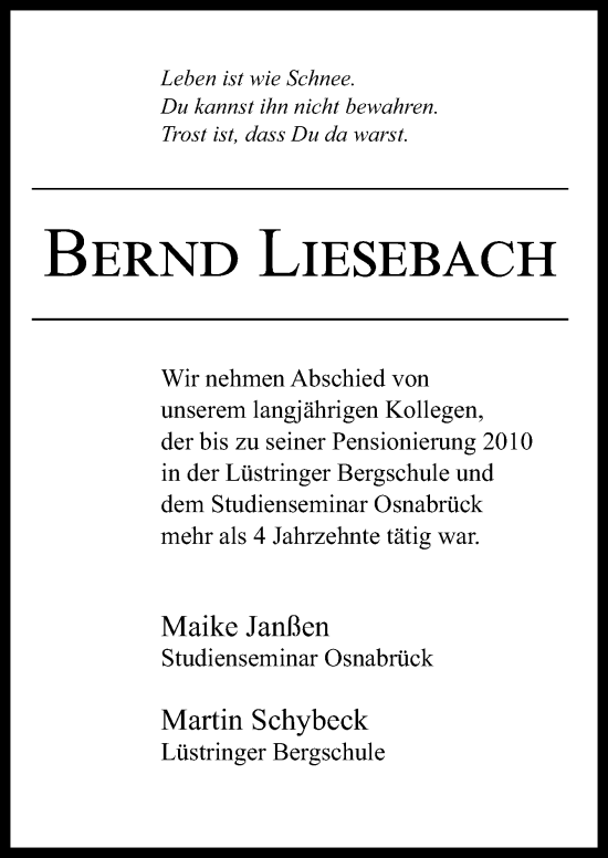 Traueranzeige von Bernd Liesebach von Neue Osnabrücker Zeitung GmbH & Co. KG
