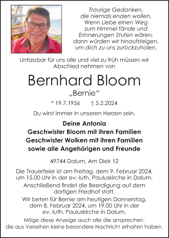 Traueranzeige von Bernhard Bloom von Neue Osnabrücker Zeitung GmbH & Co. KG