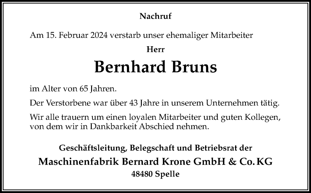  Traueranzeige für Bernhard Bruns vom 23.02.2024 aus Neue Osnabrücker Zeitung GmbH & Co. KG