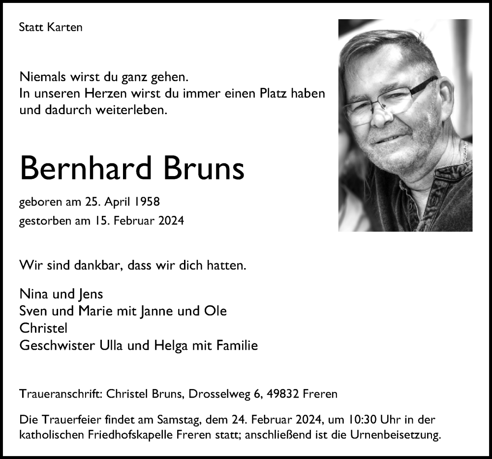  Traueranzeige für Bernhard Bruns vom 19.02.2024 aus Neue Osnabrücker Zeitung GmbH & Co. KG