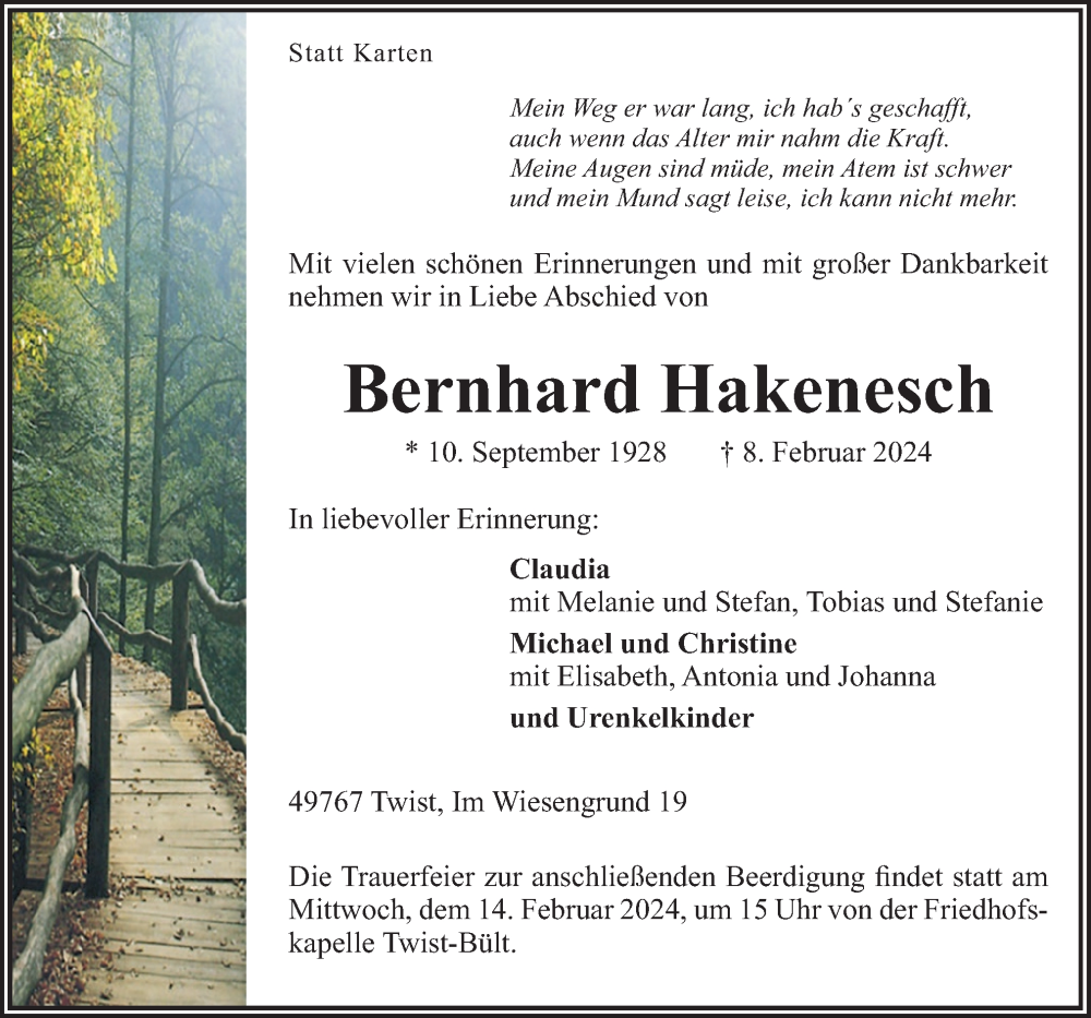  Traueranzeige für Bernhard Hakenesch vom 10.02.2024 aus Neue Osnabrücker Zeitung GmbH & Co. KG