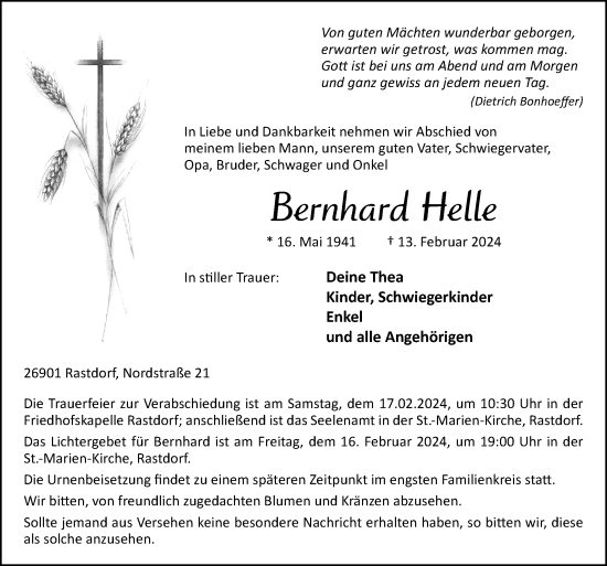 Traueranzeige von Bernhard Helle von Neue Osnabrücker Zeitung GmbH & Co. KG