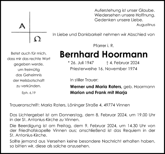 Traueranzeige von Bernhard Hoormann von Neue Osnabrücker Zeitung GmbH & Co. KG