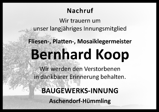 Traueranzeige von Bernhard Koop von Neue Osnabrücker Zeitung GmbH & Co. KG