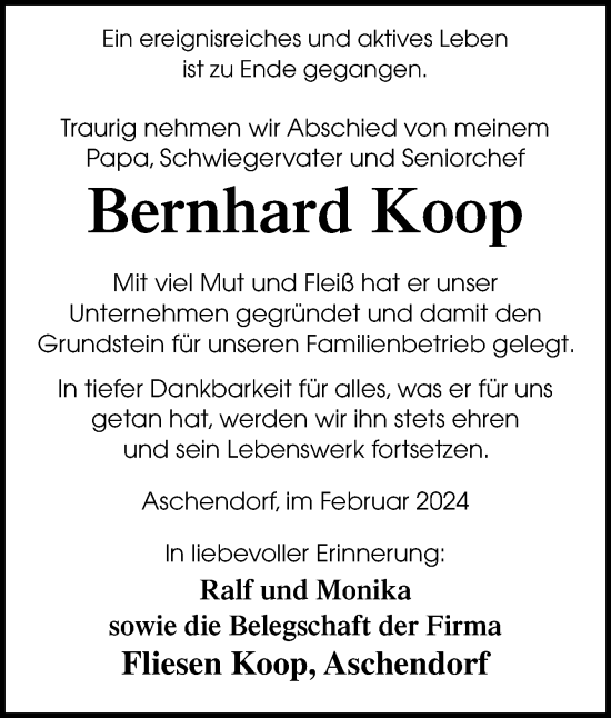 Traueranzeige von Bernhard Koop von Neue Osnabrücker Zeitung GmbH & Co. KG