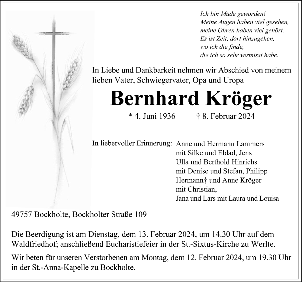  Traueranzeige für Bernhard Kröger vom 10.02.2024 aus Neue Osnabrücker Zeitung GmbH & Co. KG