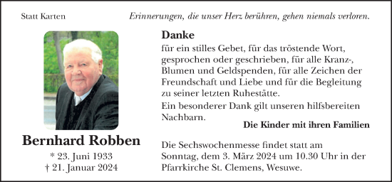 Traueranzeige von Bernhard Robben von Neue Osnabrücker Zeitung GmbH & Co. KG