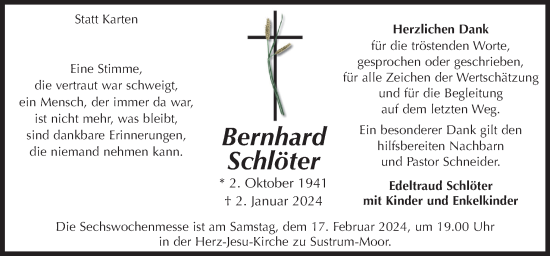 Traueranzeige von Bernhard Schlöter von Neue Osnabrücker Zeitung GmbH & Co. KG