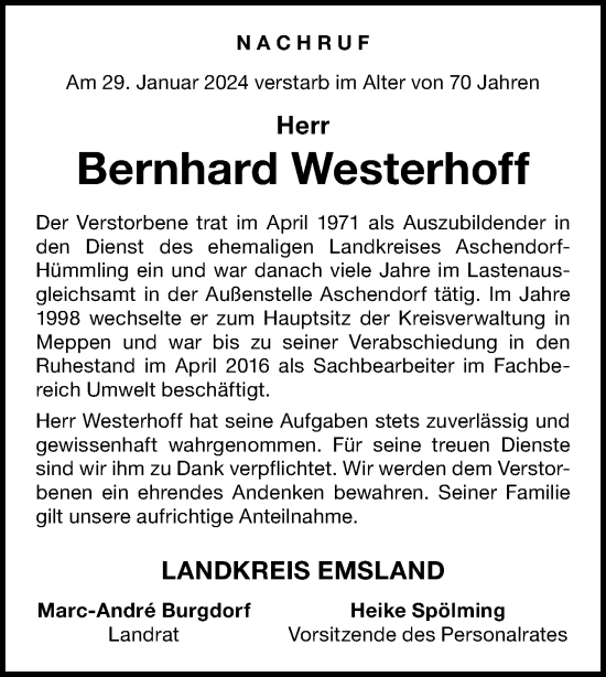 Traueranzeige von Bernhard Westerhoff von Neue Osnabrücker Zeitung GmbH & Co. KG