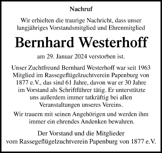 Traueranzeige von Bernhard Westerhoff von Neue Osnabrücker Zeitung GmbH & Co. KG