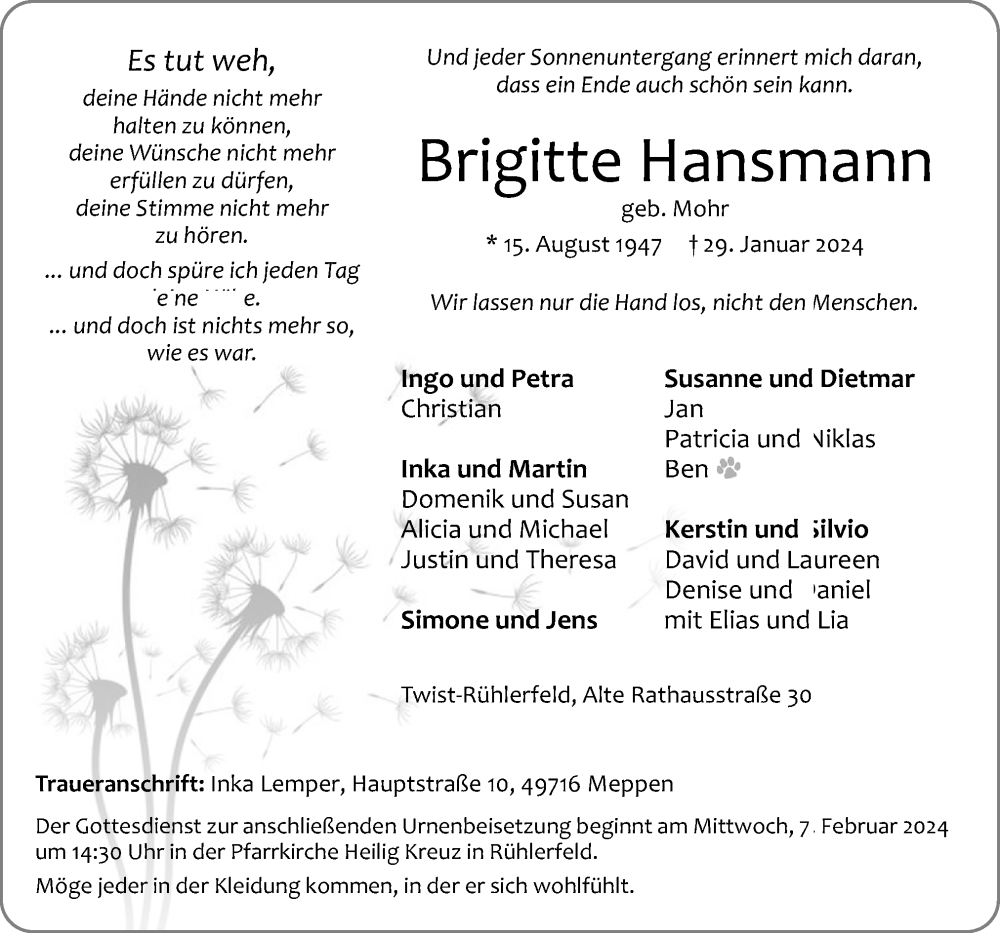  Traueranzeige für Brigitte Hansmann vom 03.02.2024 aus Neue Osnabrücker Zeitung GmbH & Co. KG