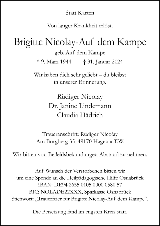 Traueranzeige von Brigitte Nicolay-Auf dem Kampe von Neue Osnabrücker Zeitung GmbH & Co. KG