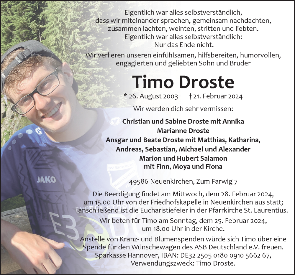  Traueranzeige für Timo Droste vom 24.02.2024 aus Neue Osnabrücker Zeitung GmbH & Co. KG