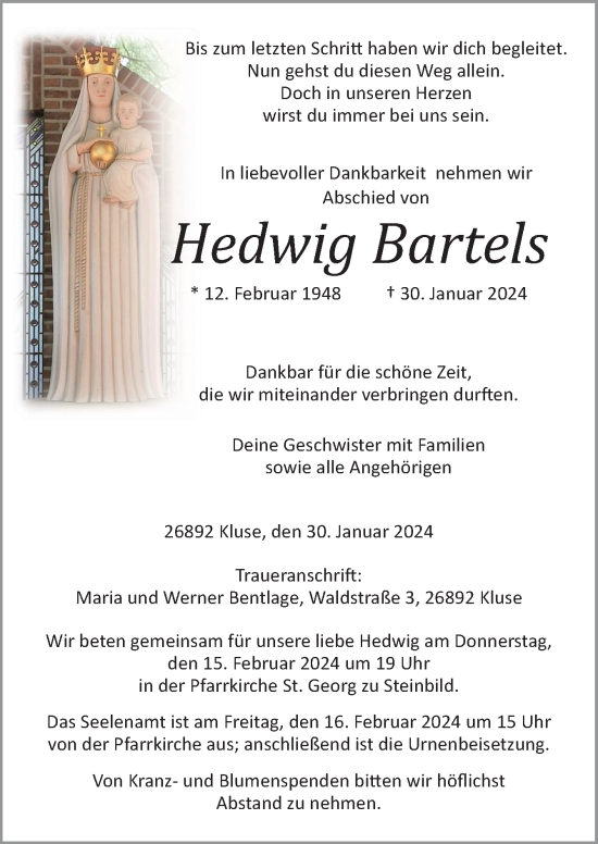 Traueranzeige von Hedwig Bartels von Neue Osnabrücker Zeitung GmbH & Co. KG