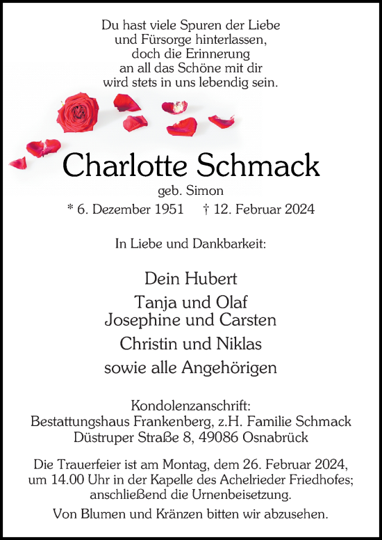 Traueranzeige von Charlotte Schmack von Neue Osnabrücker Zeitung GmbH & Co. KG