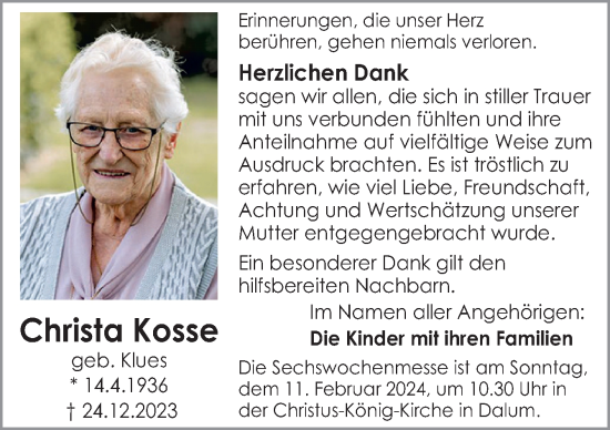 Traueranzeige von Christa Kosse von Neue Osnabrücker Zeitung GmbH & Co. KG