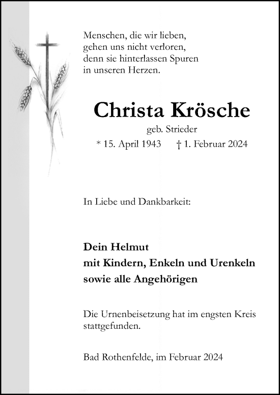 Traueranzeige von Christa Krösche von Neue Osnabrücker Zeitung GmbH & Co. KG