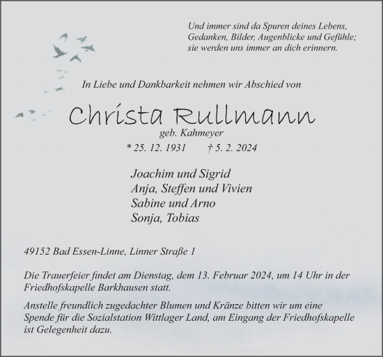 Traueranzeige von Christa Rullmann von Neue Osnabrücker Zeitung GmbH & Co. KG