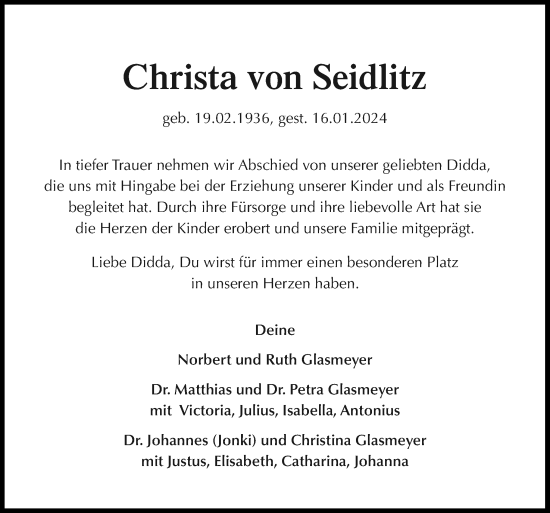 Traueranzeige von Christa von Seidlitz von Neue Osnabrücker Zeitung GmbH & Co. KG